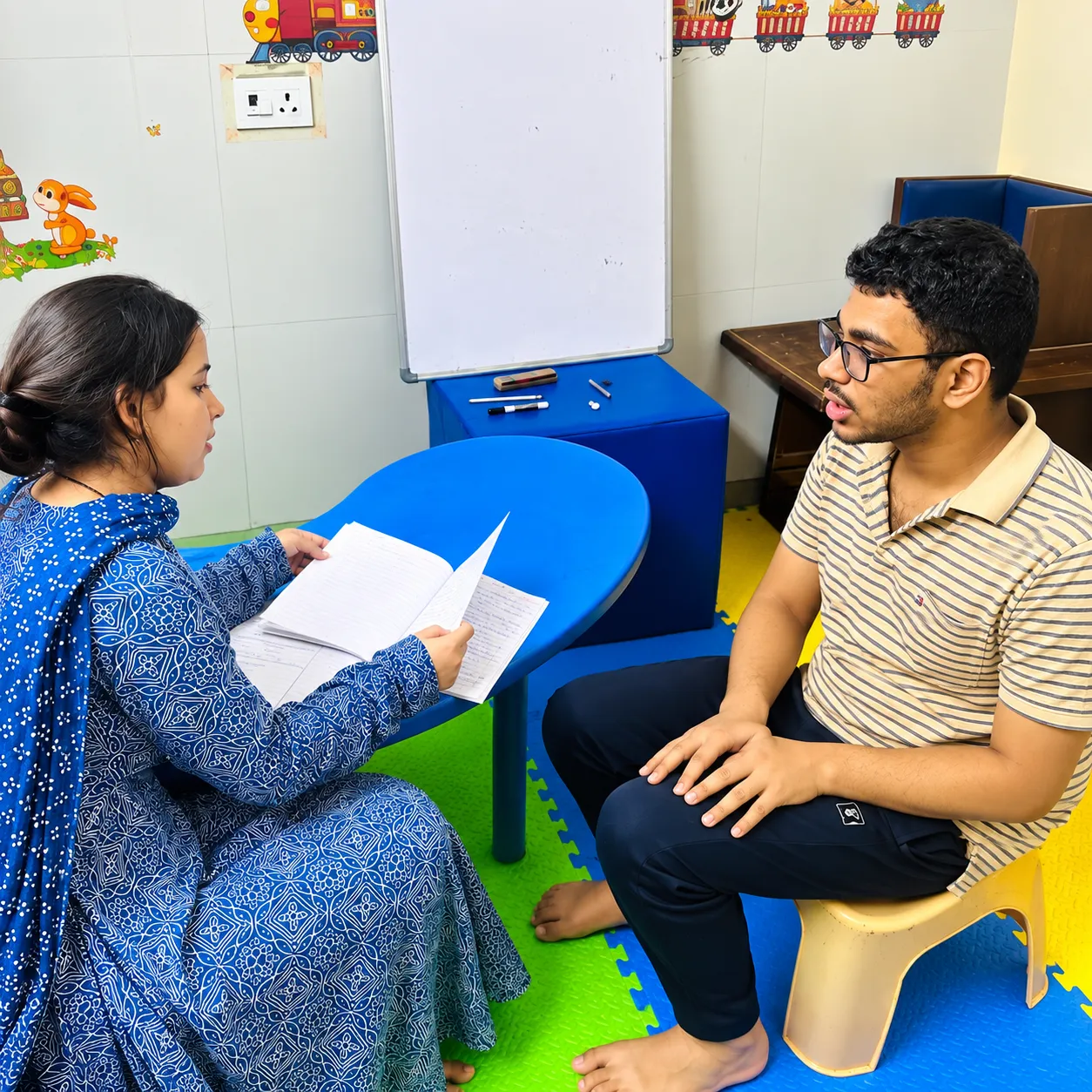An educator working through written material with a student.